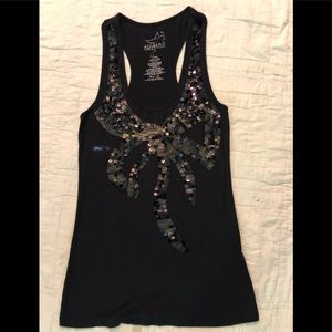 MileyCyprusMax black sequins bow sleeveless shirt